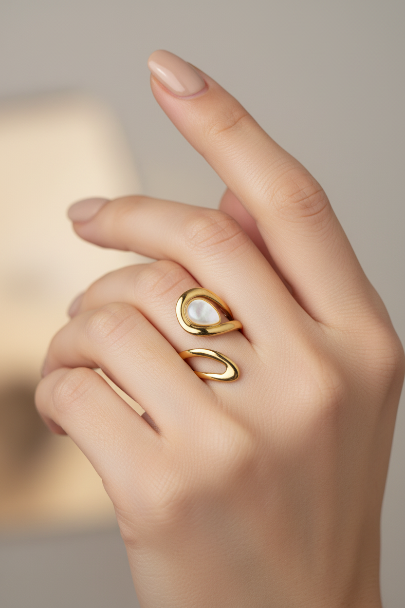Ατσάλινο δαχτυλίδι gold pearl drop φορεμένο σε χέρι
